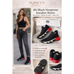 iRi Black Neoprene Sneaker Boots Red Heel Italy Unisex 38 size 7.5
